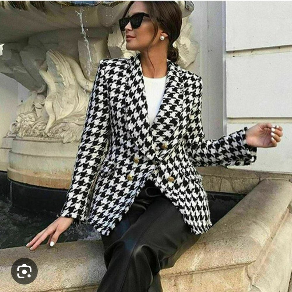 ZARA HOUNDSTOOTH FRAYED BLAZER XXL
